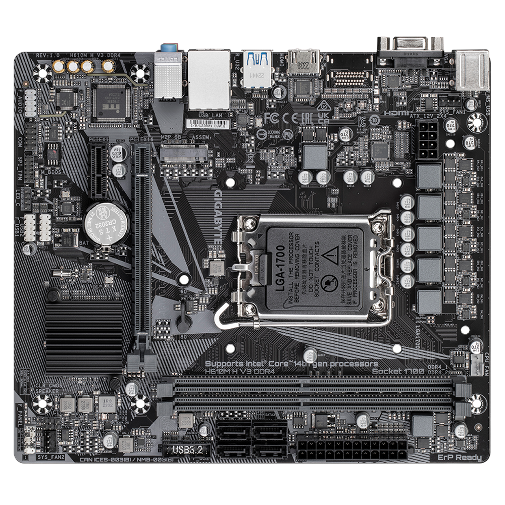 Gigabyte | H610M H V3 DDR4 | Processor family Intel | Processor socket LGA1700 | DDR4 DIMM | Supported hard disk drive interfaces M.2, SATA | Number of SATA connectors 4