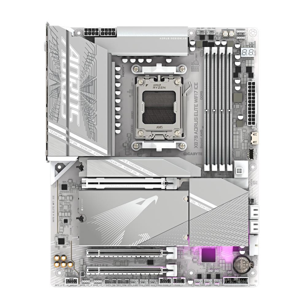 Mainboard GIGABYTE AMD X870E SAM5 ATX Memory DDR5 Memory slots 4 1xPCI-Express 3.0 2x 1xPCI-Express 4.0 4x 1xPCI-Express 5.0 16x 4xM.2 1xHDMI 4xUSB 2.0 6xUSB 3.2 2xUSB-C 1xOptical S/PDIF 1xRJ45 2xAudio port X870AELITEWF7ICE1.1
