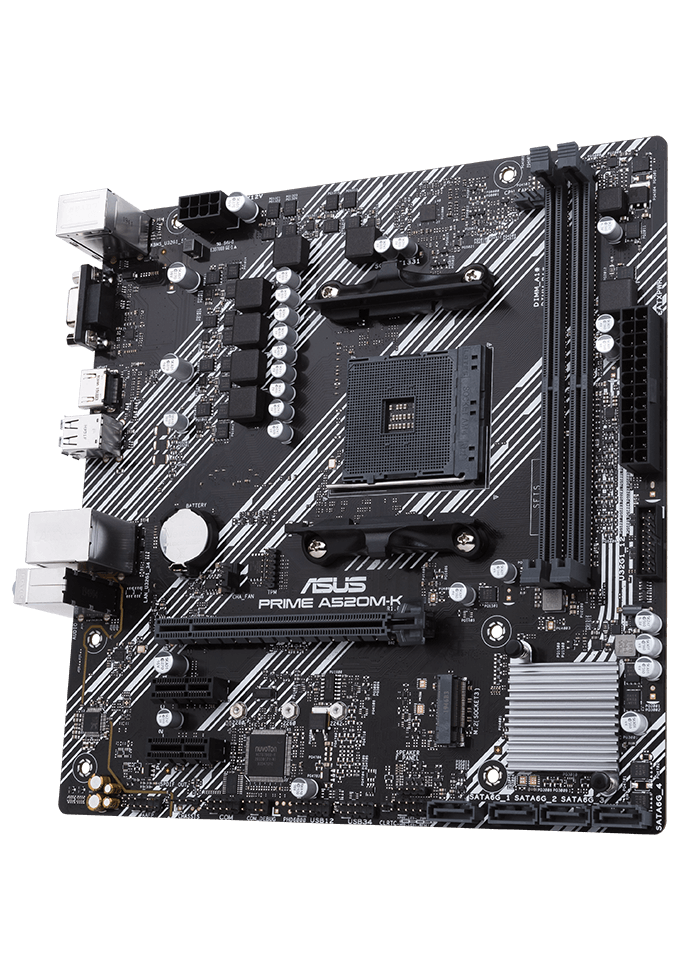 Asus | PRIME A520M-K | Processor family AMD | Processor socket AM4 | DDR4 | Memory slots 2 | Supported hard disk drive interfaces M.2, SATA | Number of SATA connectors 4 | Chipset AMD A | Micro ATX
