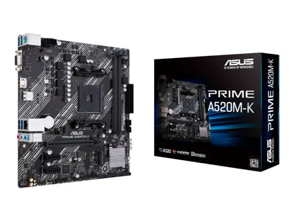 Asus | PRIME A520M-K | Processor family AMD | Processor socket AM4 | DDR4 | Memory slots 2 | Supported hard disk drive interfaces M.2, SATA | Number of SATA connectors 4 | Chipset AMD A | Micro ATX