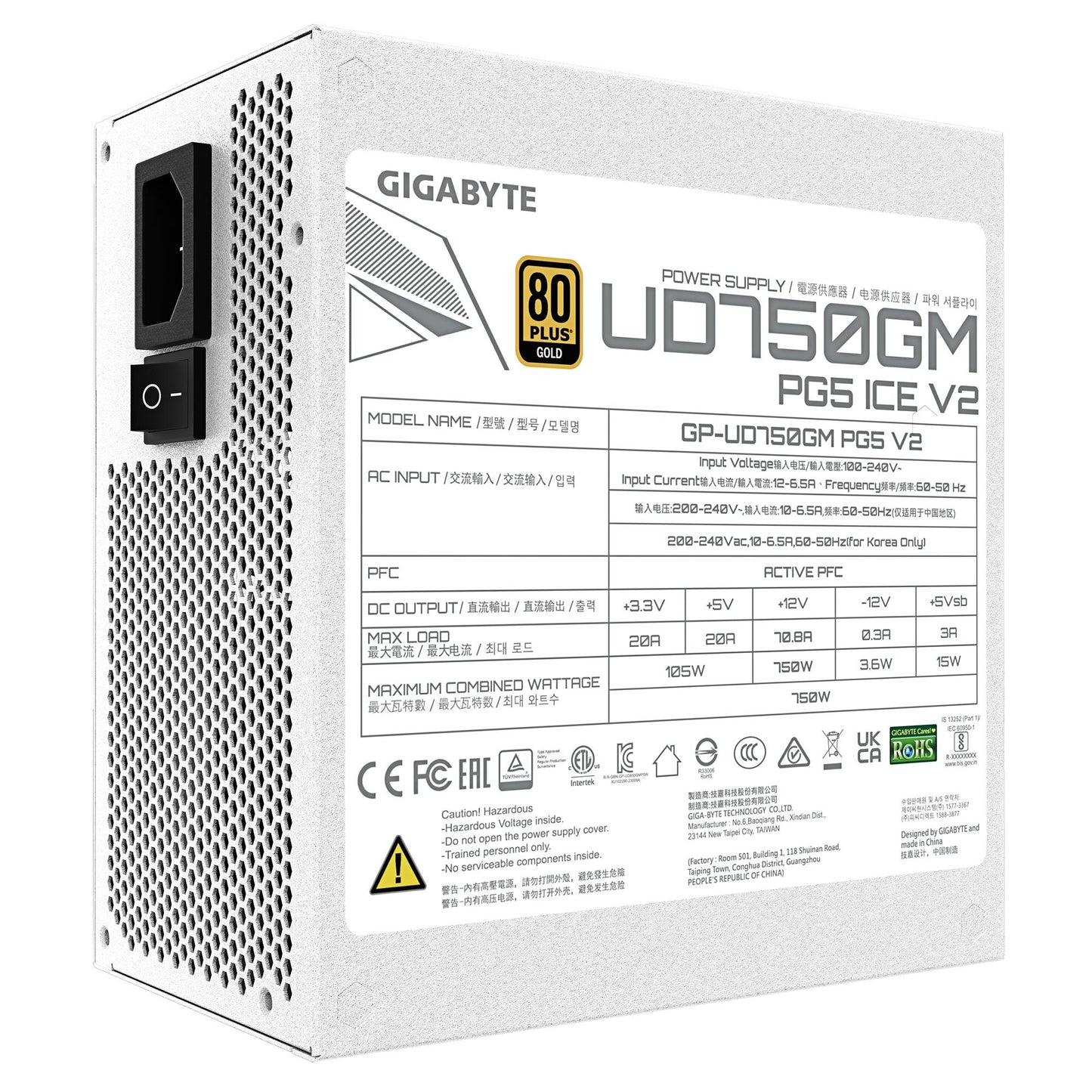 Power Supply GIGABYTE UD750GM PG5 ICE ATX 3.1 750 Watts Efficiency 80 PLUS GOLD PFC Active MTBF 100000 hours GP-UD750GMPG5ICE