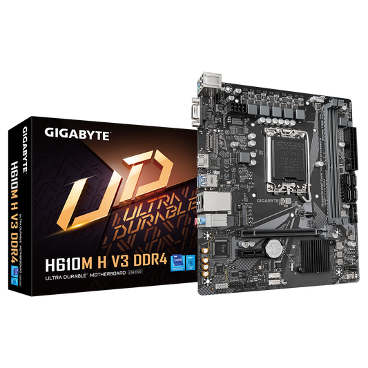 Gigabyte | H610M H V3 DDR4 | Processor family Intel | Processor socket LGA1700 | DDR4 DIMM | Supported hard disk drive interfaces M.2, SATA | Number of SATA connectors 4