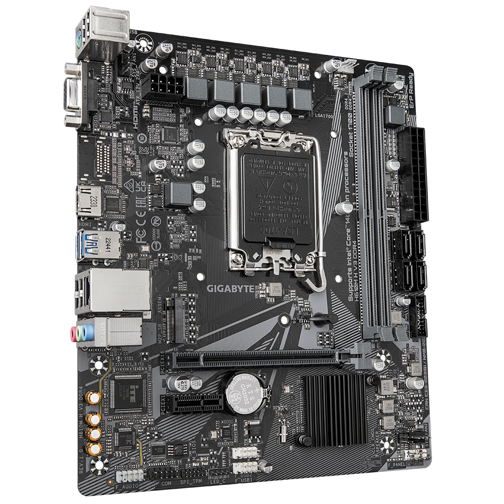 Gigabyte | H610M H V3 DDR4 | Processor family Intel | Processor socket LGA1700 | DDR4 DIMM | Supported hard disk drive interfaces M.2, SATA | Number of SATA connectors 4